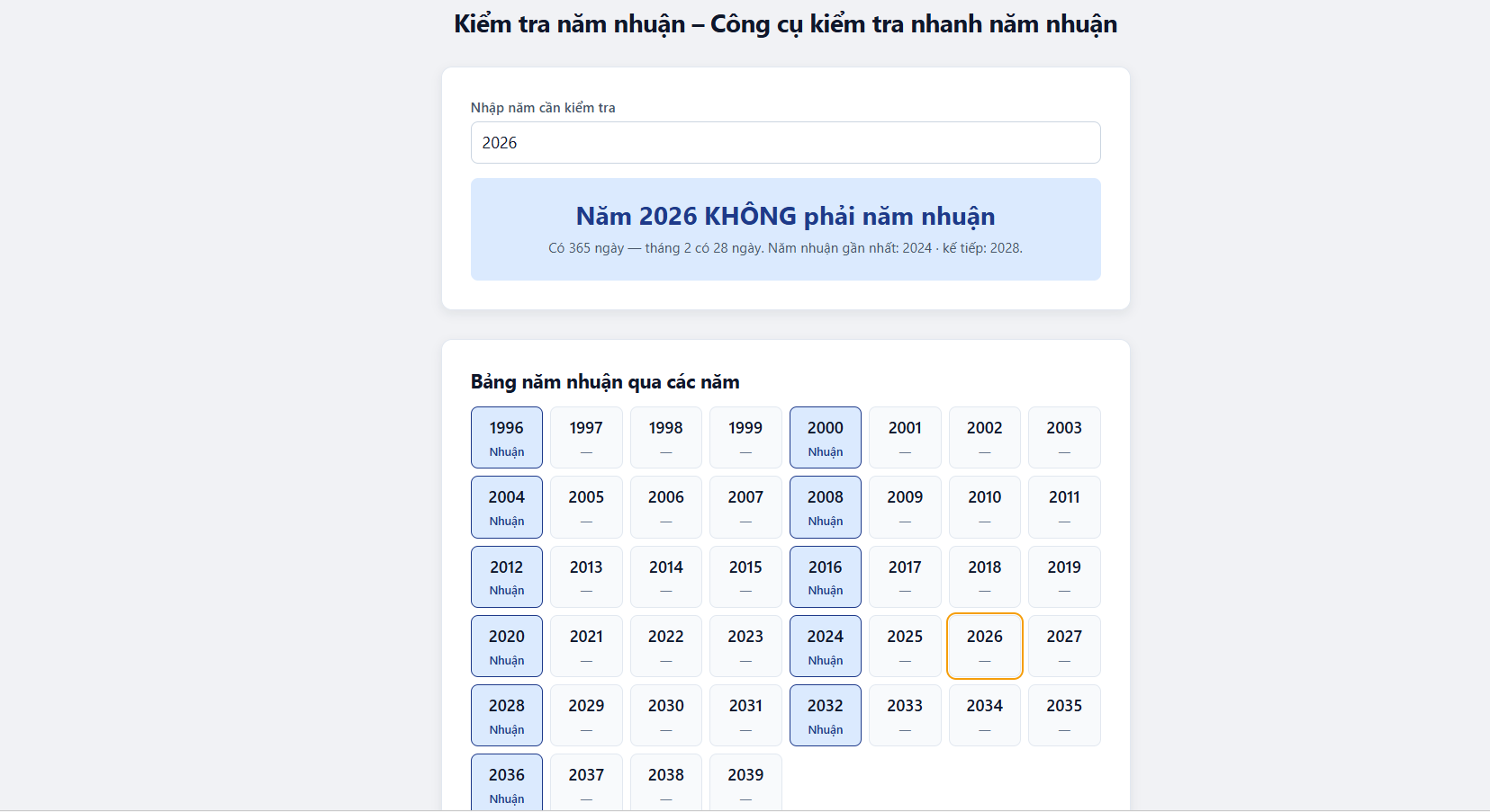 Theo dõi công cụ tính năm nhuận nhanh